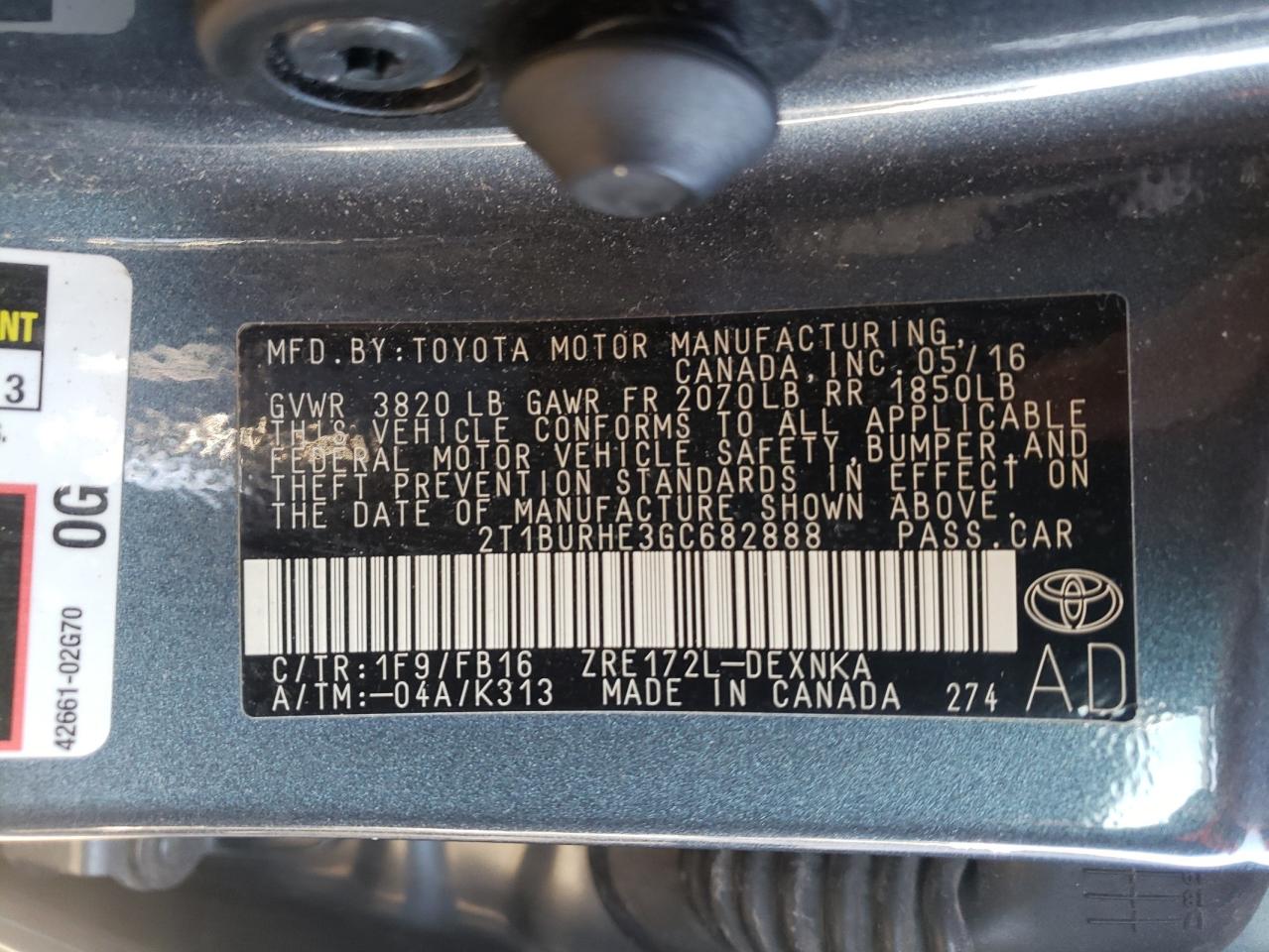 Photo 10 from auction – 2016 TOYOTA COROLLA L with VIN 2T1BURHE3GC682888