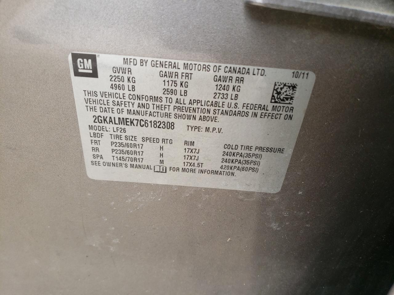 Photo 10 from auction – 2012 GMC TERRAIN SL with VIN 2GKALMEK7C6182308
