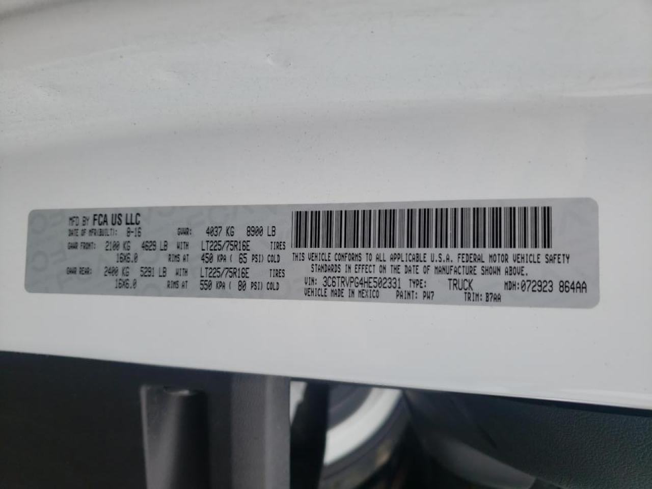 Photo 10 from auction – 2017 RAM PROMASTER with VIN 3C6TRVPG4HE502331
