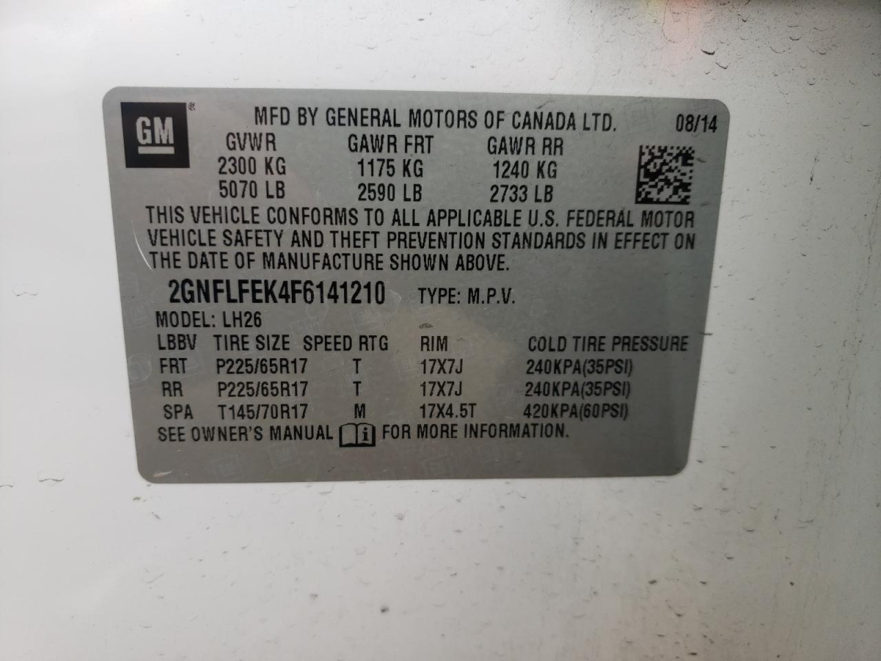 Photo 11 from auction – 2015 CHEVROLET EQUINOX LT with VIN 2GNFLFEK4F6141210