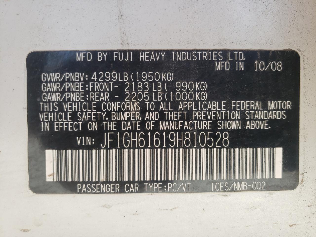 Photo 10 from auction – 2009 SUBARU IMPREZA 2. with VIN JF1GH61619H810528