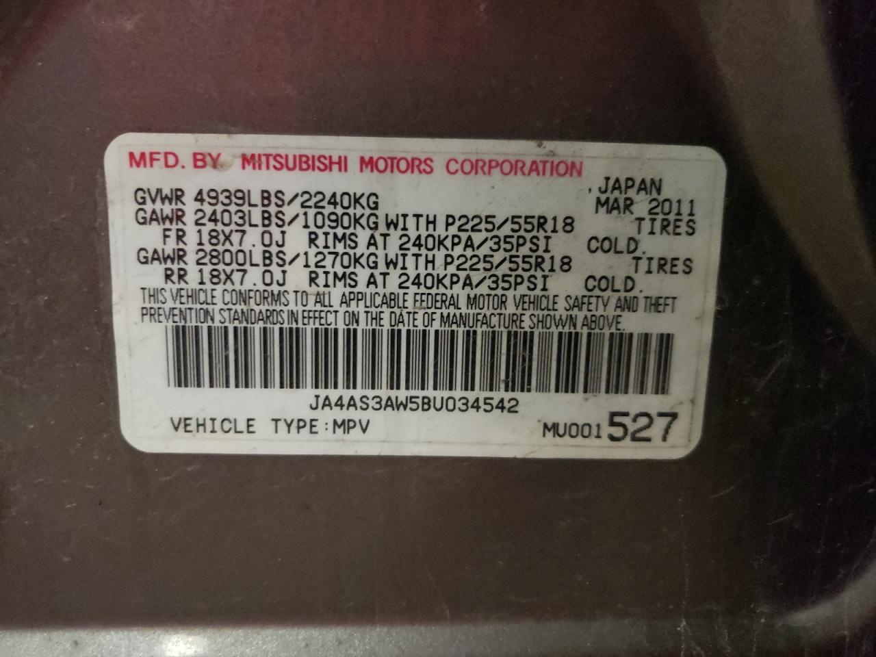 Photo 10 from auction – 2011 MITSUBISHI OUTLANDER with VIN JA4AS3AW5BU034542