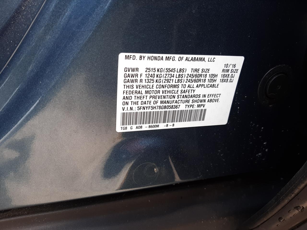 Photo 10 from auction – 2016 HONDA PILOT EXLN with VIN 5FNYF5H78GB058367