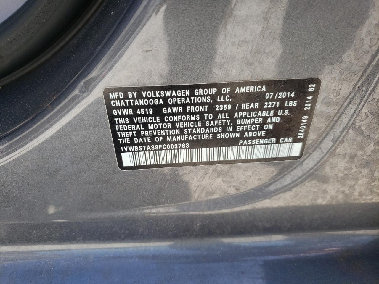 Photo 10 from auction – 2015 VOLKSWAGEN PASSAT SE with VIN 1VWBS7A39FC003763