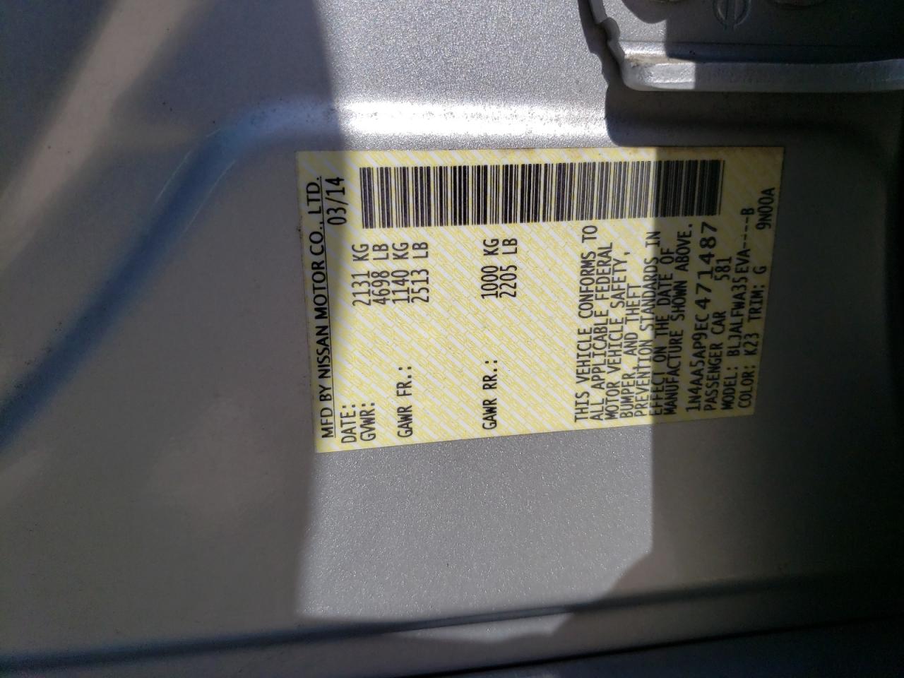 Photo 10 from auction – 2014 NISSAN MAXIMA S with VIN 1N4AA5AP9EC471487