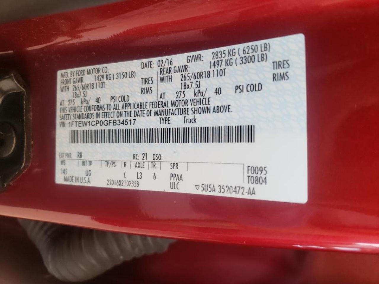 Photo 10 from auction – 2016 FORD F150 SUPER with VIN 1FTEW1CP0GFB34517
