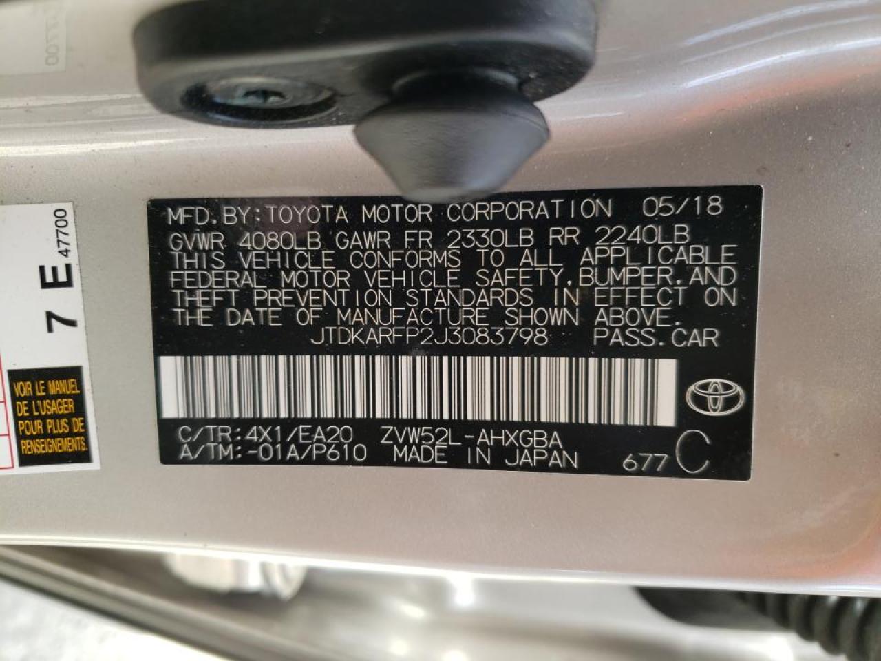 Photo 10 from auction – 2018 TOYOTA PRIUS PRIM with VIN JTDKARFP2J3083798