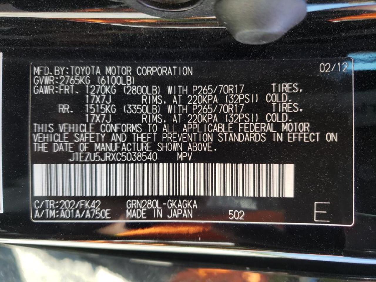 Photo 10 from auction – 2012 TOYOTA 4RUNNER SR with VIN JTEZU5JRXC5038540