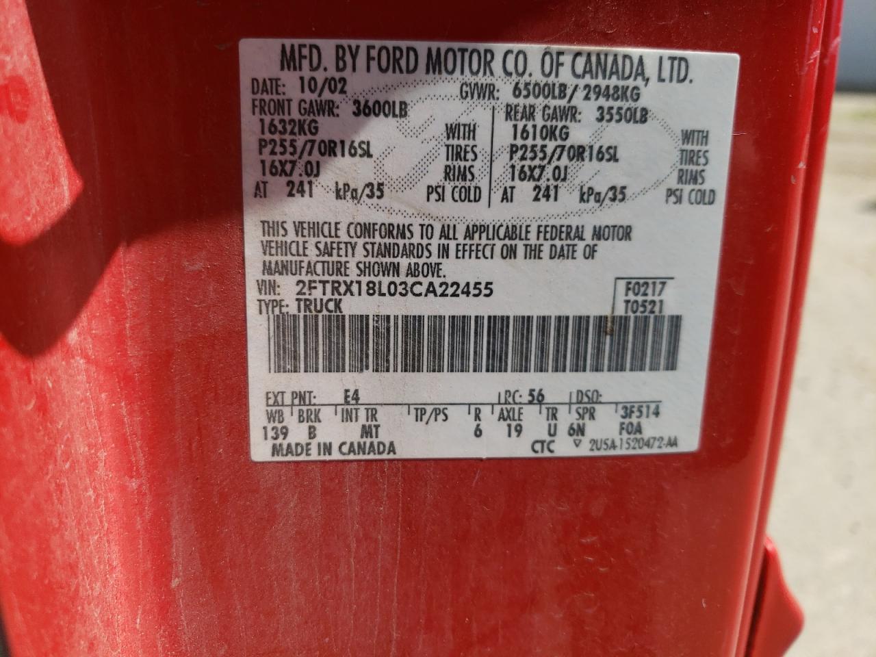 Photo 10 from auction – 2003 FORD F150 with VIN 2FTRX18L03CA22455