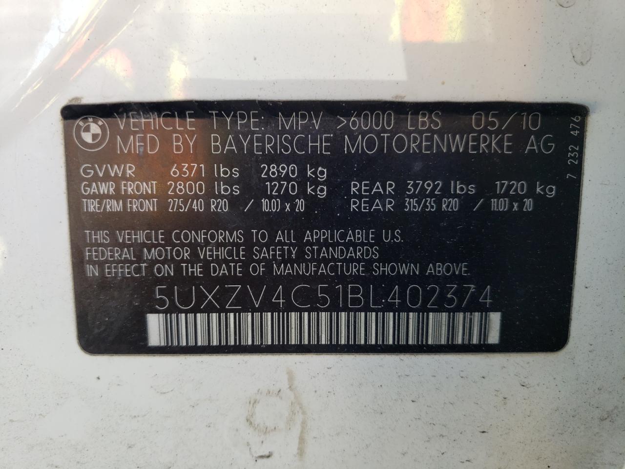 Photo 10 from auction – 2011 BMW X5 XDRIVE3 with VIN 5UXZV4C51BL402374