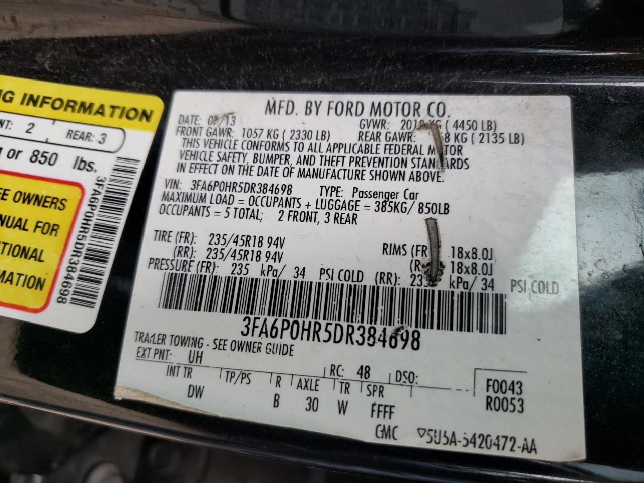 Photo 10 from auction – 2013 FORD FUSION SE with VIN 3FA6P0HR5DR384698