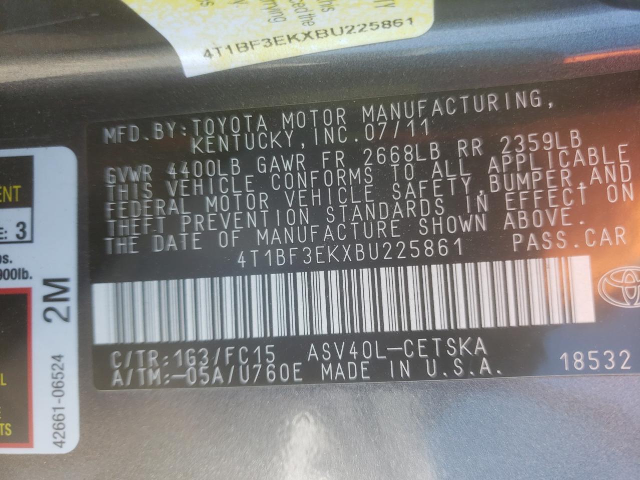 Photo 10 from auction – 2011 TOYOTA CAMRY BASE with VIN 4T1BF3EKXBU225861