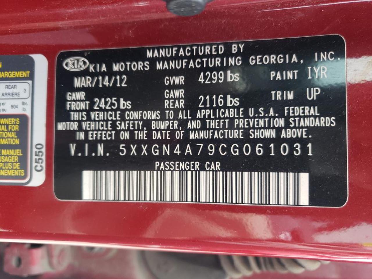 Photo 10 from auction – 2012 KIA OPTIMA EX with VIN 5XXGN4A79CG061031