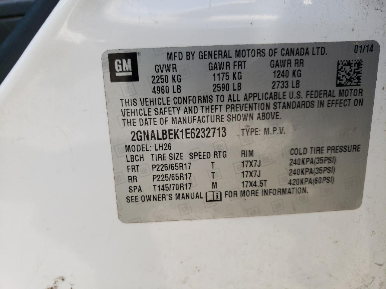 Photo 10 from auction – 2014 CHEVROLET EQUINOX LT with VIN 2GNALBEK1E6232713