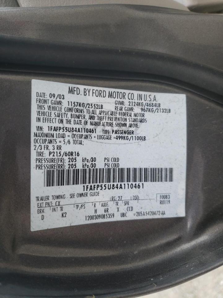 Photo 10 from auction – 2004 FORD TAURUS SES with VIN 1FAFP55U84A110461