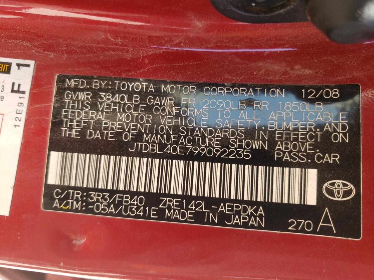 Photo 10 from auction – 2009 TOYOTA COROLLA with VIN JTDBL40E799092235