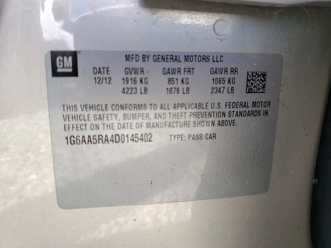Photo 10 from auction – 2013 CADILLAC ATS with VIN 1G6AA5RA4D0145402