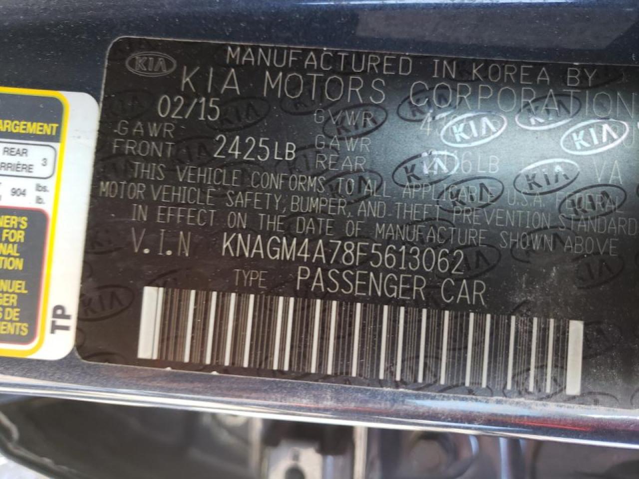 Photo 10 from auction – 2015 KIA OPTIMA LX with VIN KNAGM4A78F5613062