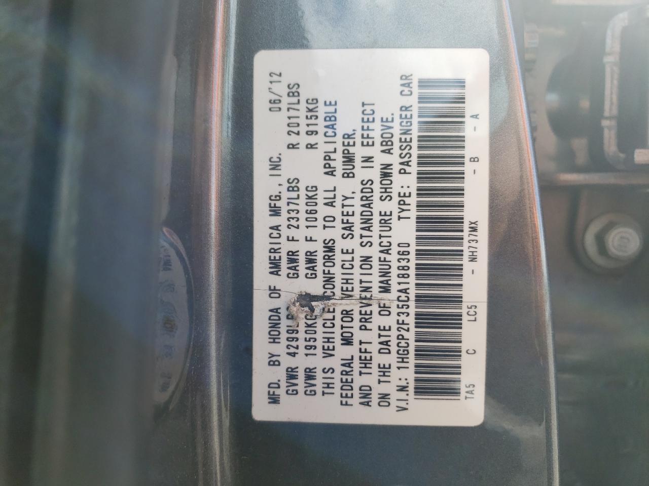 Photo 10 from auction – 2012 HONDA ACCORD LX with VIN 1HGCP2F35CA188360