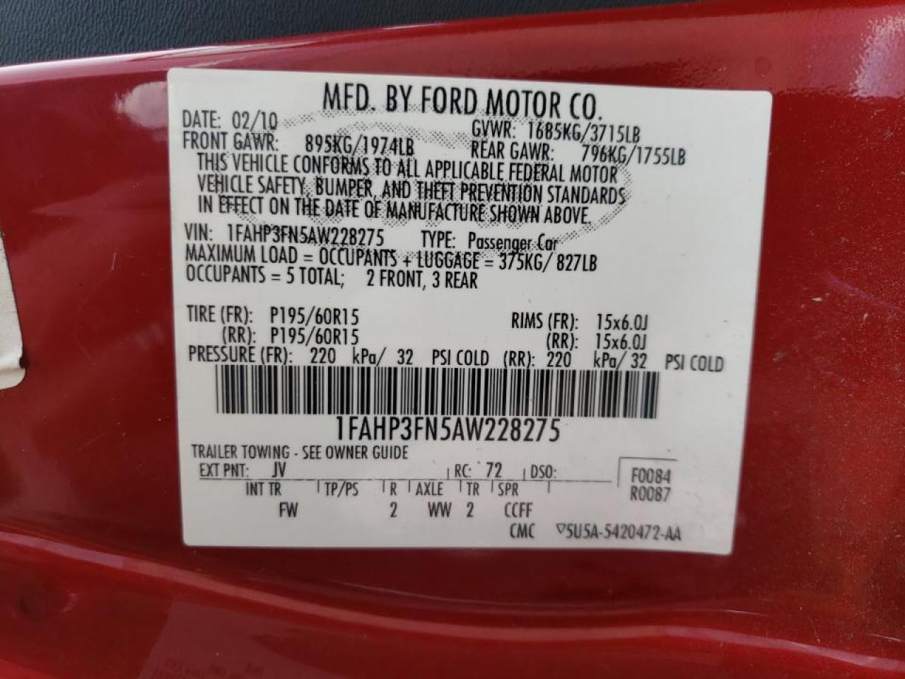 Photo 10 from auction – 2010 FORD FOCUS SE with VIN 1FAHP3FN5AW228275