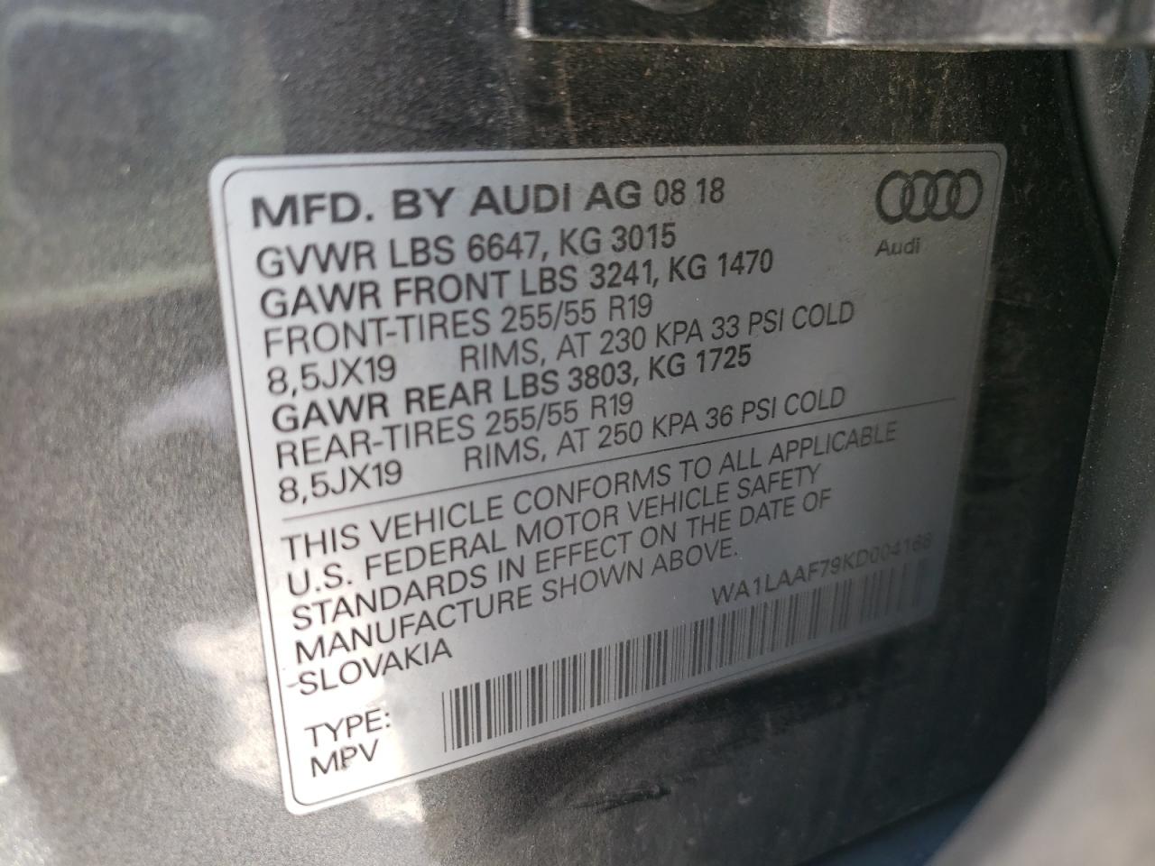 Photo 10 from auction – 2019 AUDI Q7 PREMIUM with VIN WA1LAAF79KD004168