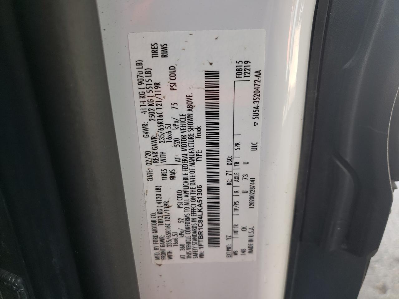 Photo 10 from auction – 2020 FORD TRANSIT T- with VIN 1FTBR1C84LKA51306