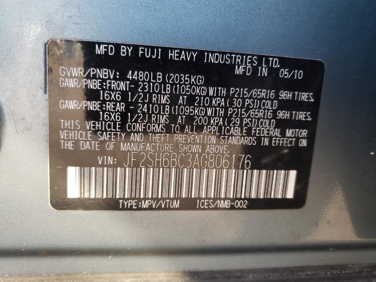 Photo 10 from auction – 2010 SUBARU FORESTER X with VIN JF2SH6BC3AG806176