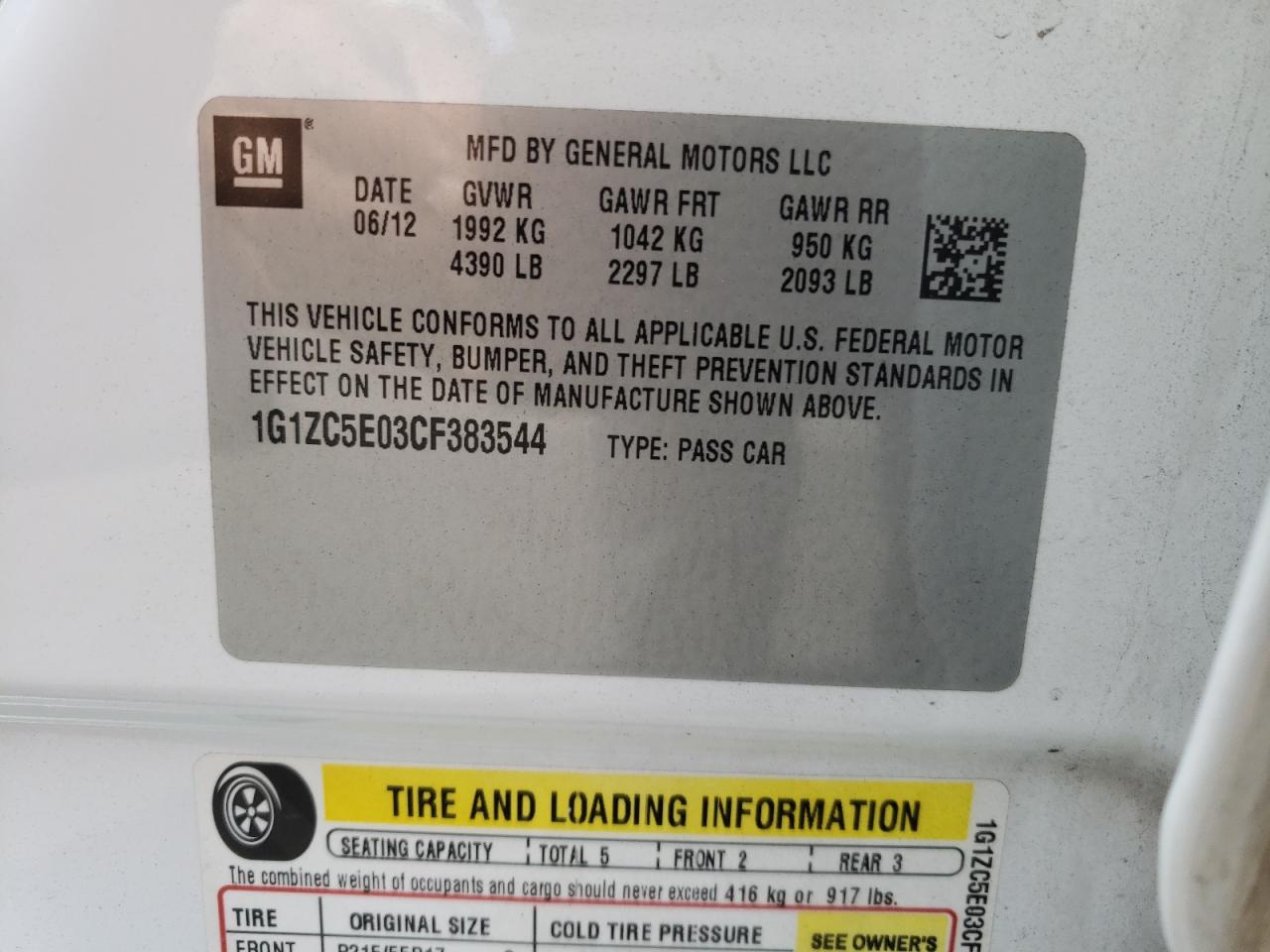 Photo 10 from auction – 2012 CHEVROLET MALIBU 1LT with VIN 1G1ZC5E03CF383544