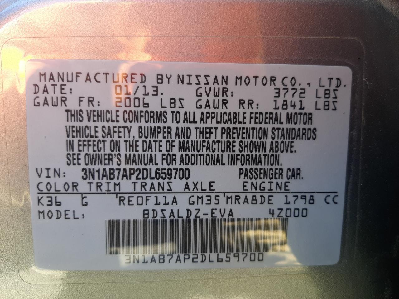 Photo 10 from auction – 2013 NISSAN SENTRA S with VIN 3N1AB7AP2DL659700