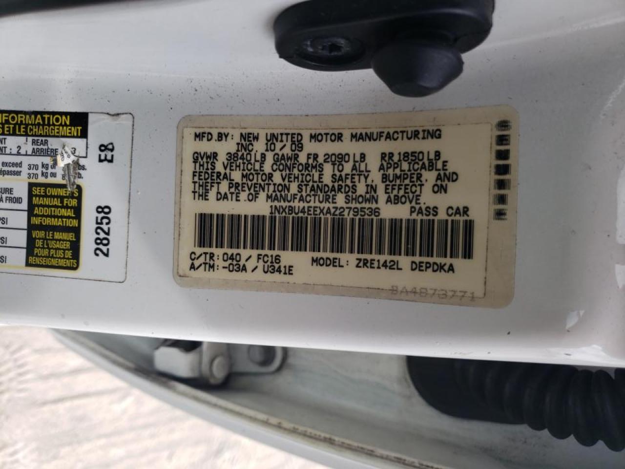 Photo 10 from auction – 2010 TOYOTA COROLLA BA with VIN 1NXBU4EEXAZ279536