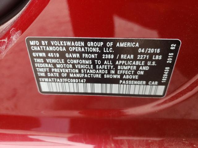 Photo 10 from auction – 2015 VOLKSWAGEN PASSAT S with VIN 1VWAT7A37FC093147