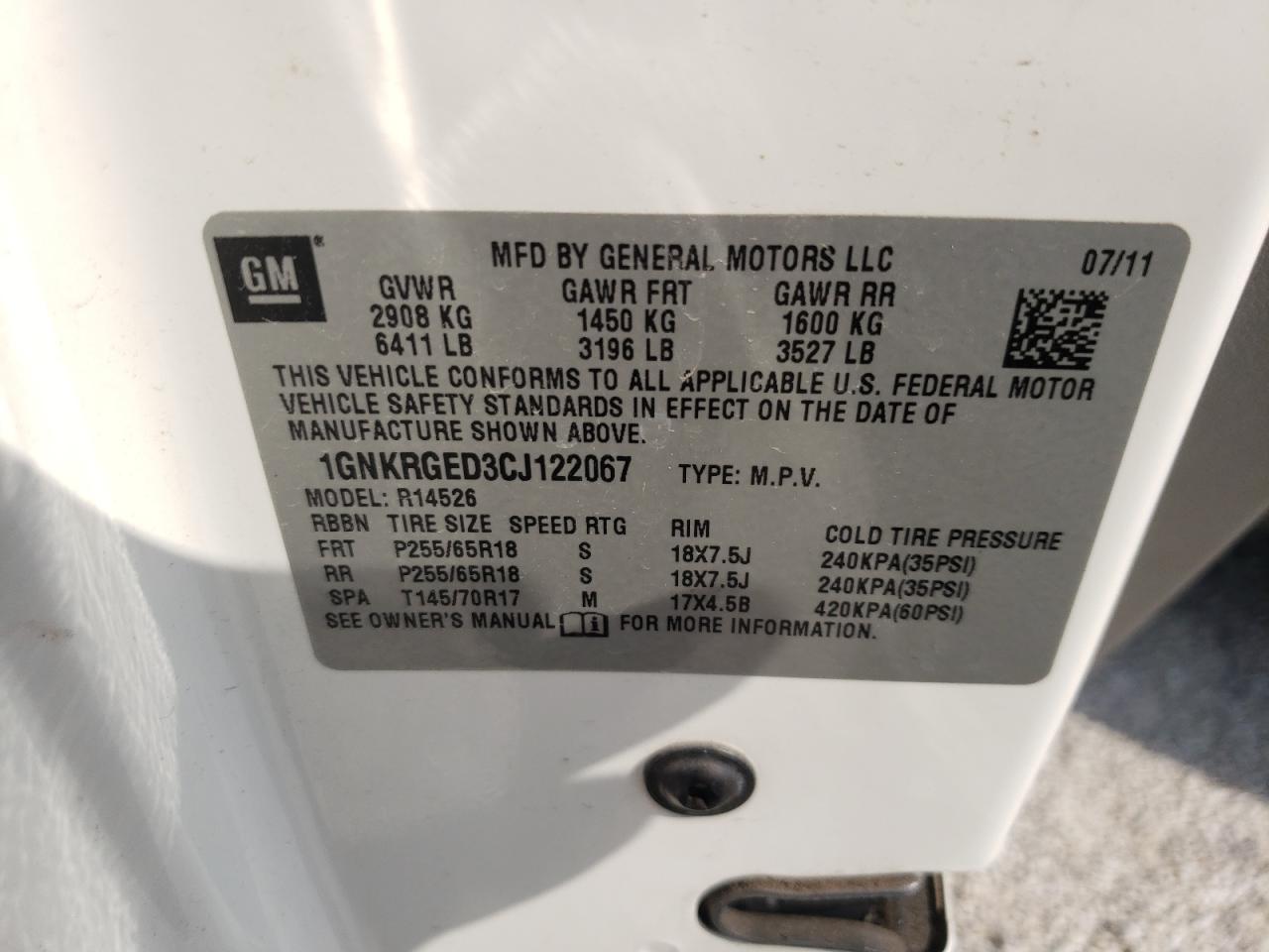 Photo 10 from auction – 2012 CHEVROLET TRAVERSE L with VIN 1GNKRGED3CJ122067