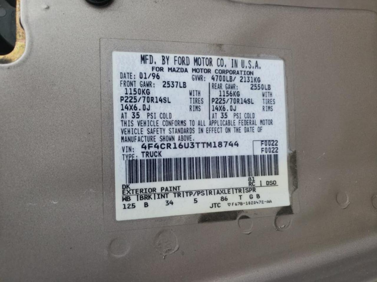 Photo 10 from auction – 1996 MAZDA B3000 CAB with VIN 4F4CR16U3TTM18744