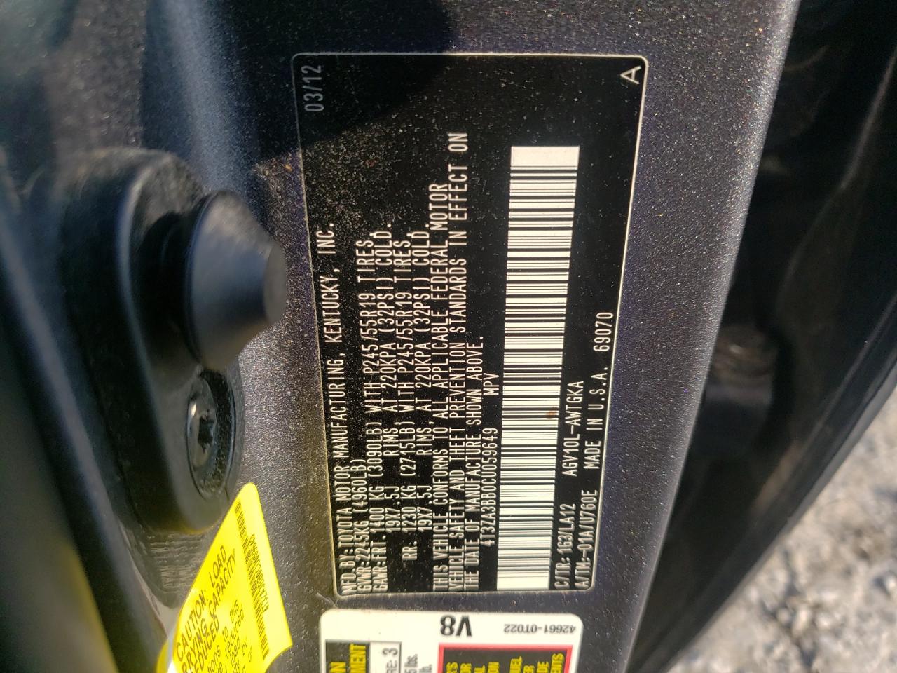 Photo 10 from auction – 2012 TOYOTA VENZA LE with VIN 4T3ZA3BB0CU059649