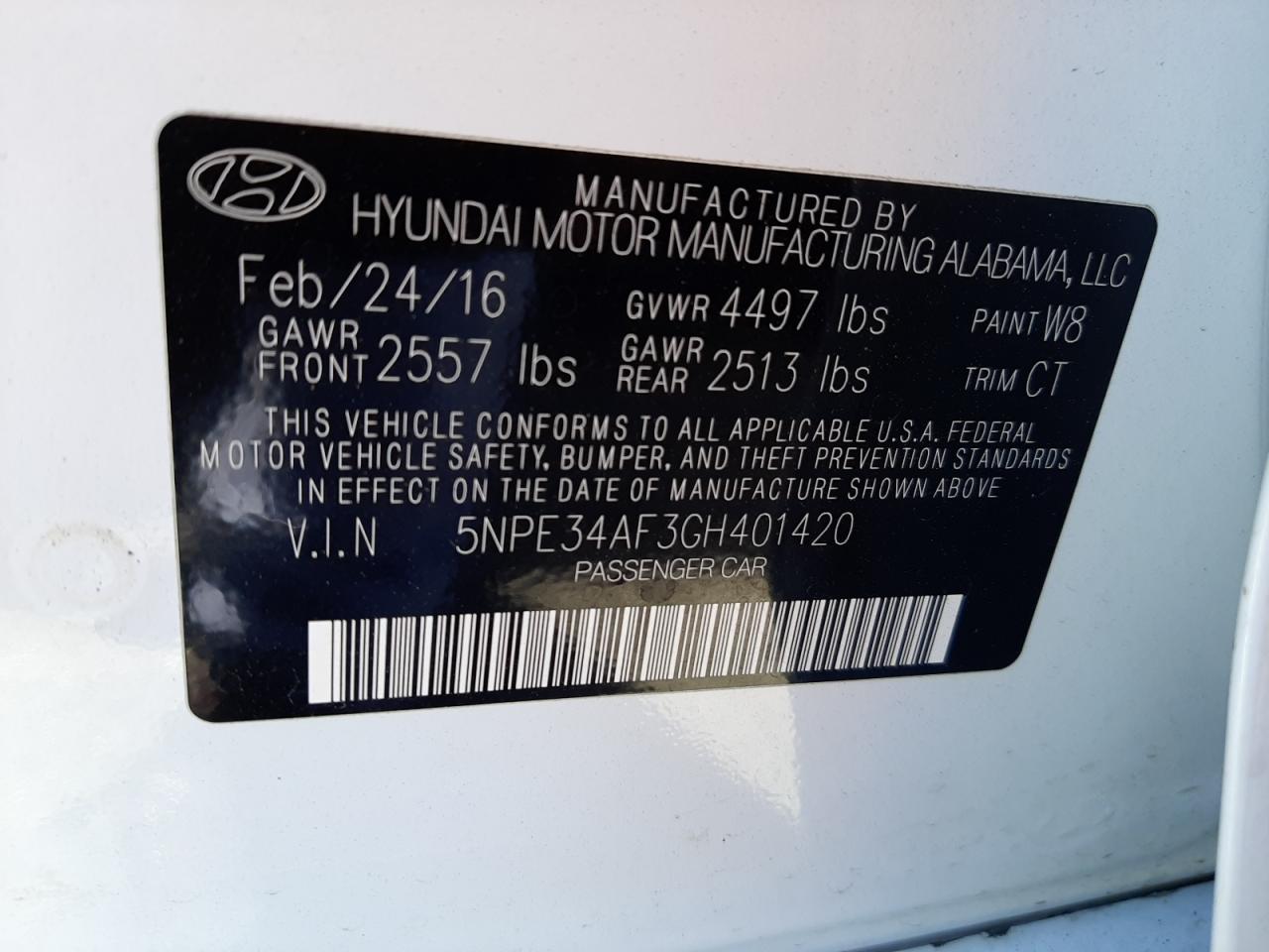 Photo 10 from auction – 2016 HYUNDAI SONATA SPO with VIN 5NPE34AF3GH401420