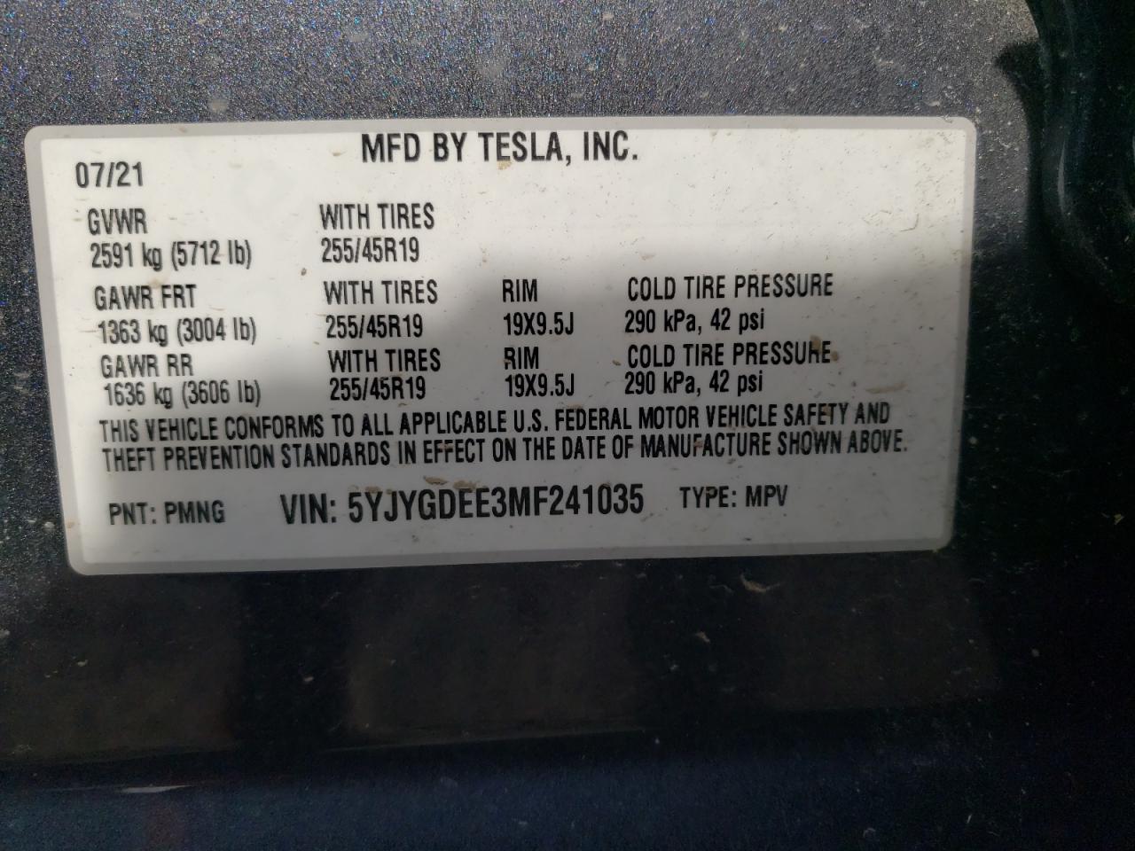 Photo 20 from auction – 2021 TESLA MODEL Y with VIN 5YJYGDEE3MF241035