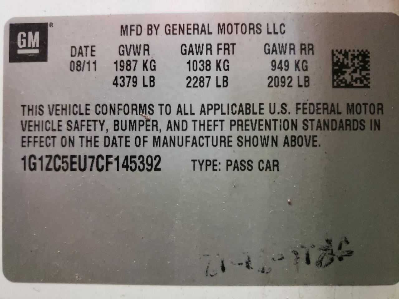 Photo 11 from auction – 2012 CHEVROLET MALIBU 1LT with VIN 1G1ZC5EU7CF145392