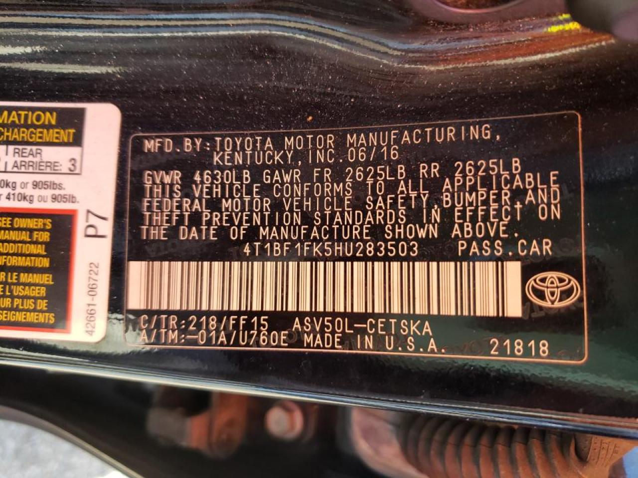 Photo 10 from auction – 2017 TOYOTA CAMRY LE with VIN 4T1BF1FK5HU283503