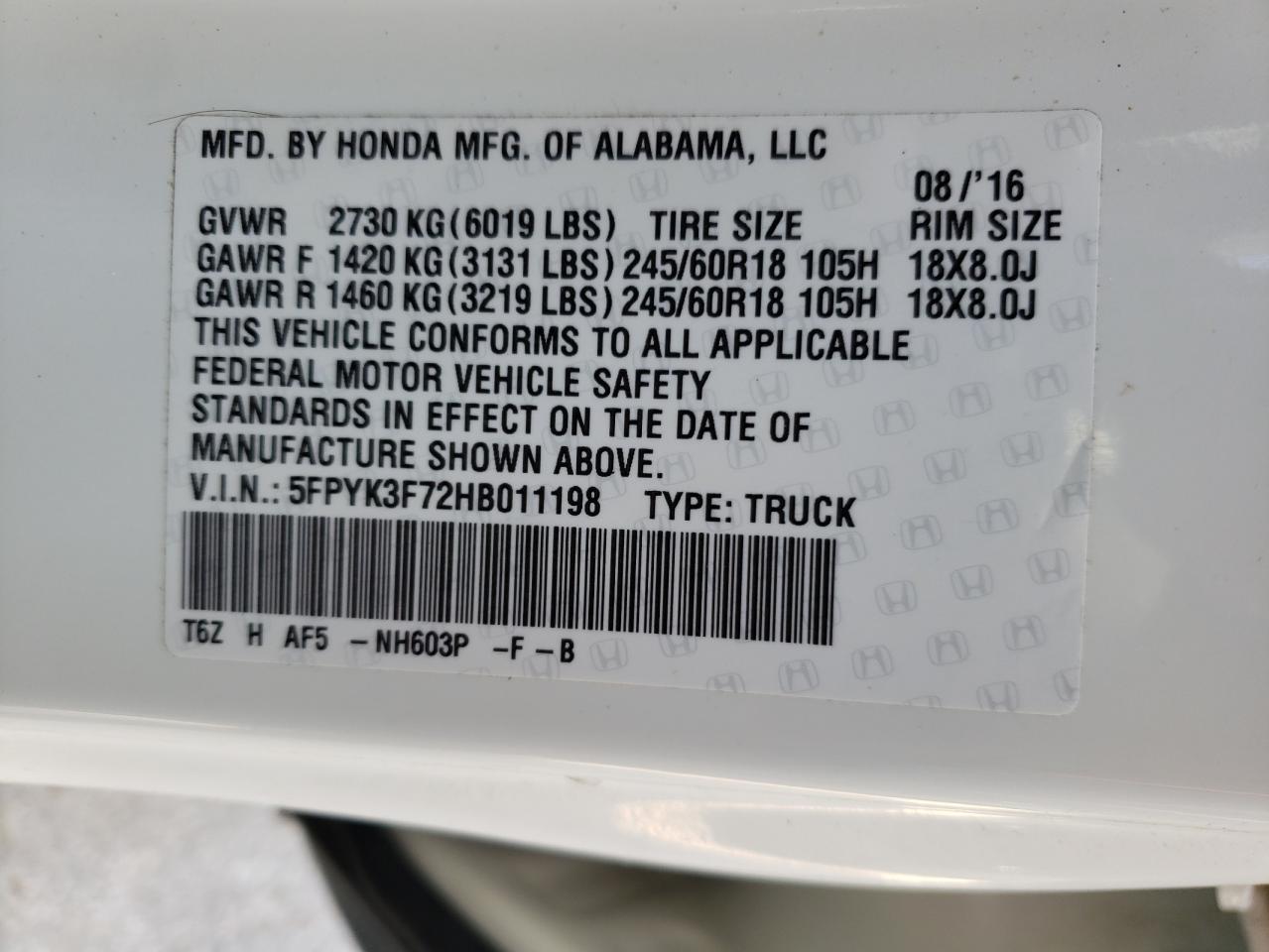 Photo 10 from auction – 2017 HONDA RIDGELINE with VIN 5FPYK3F72HB011198