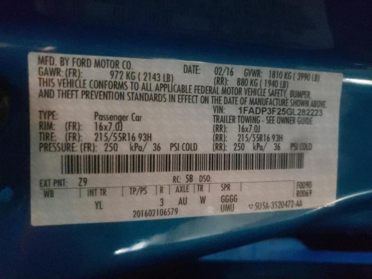 Photo 10 from auction – 2016 FORD FOCUS SE with VIN 1FADP3F25GL282223