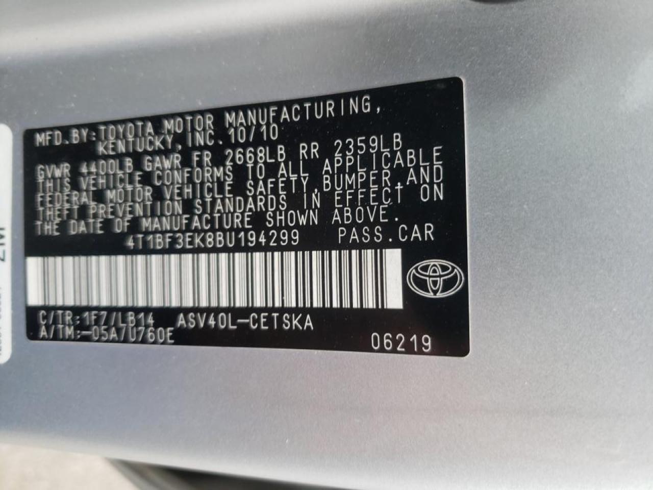 Photo 10 from auction – 2011 TOYOTA CAMRY BASE with VIN 4T1BF3EK8BU194299
