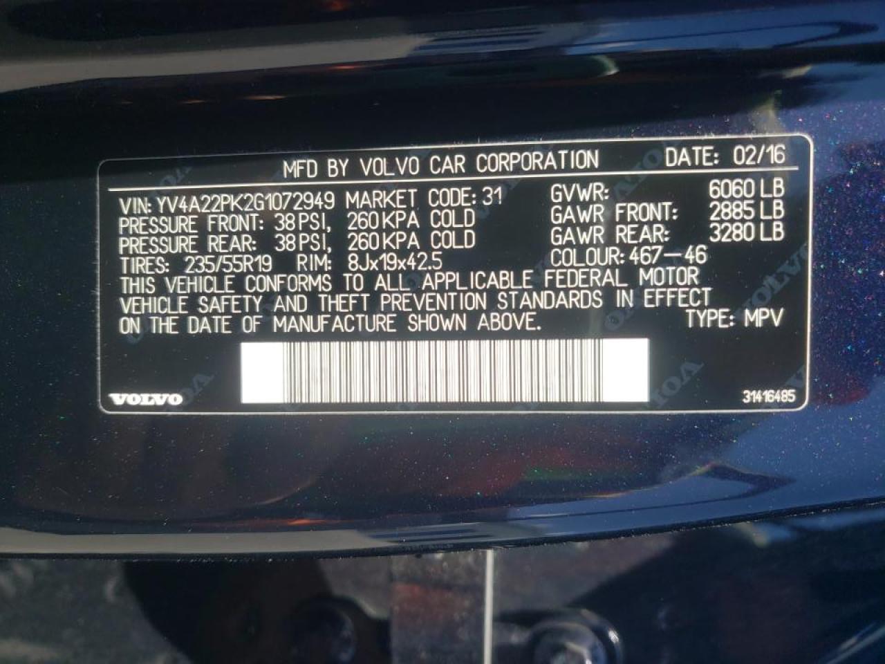 Photo 10 from auction – 2016 VOLVO XC90 T6 with VIN YV4A22PK2G1072949