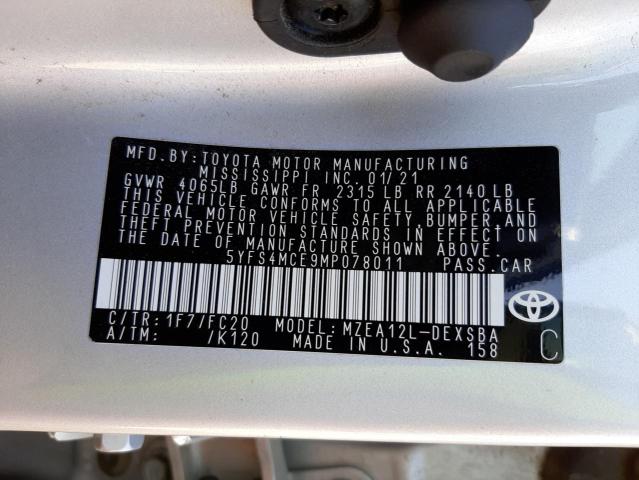 Photo 10 from auction – 2021 TOYOTA COROLLA SE with VIN 5YFS4MCE9MP078011