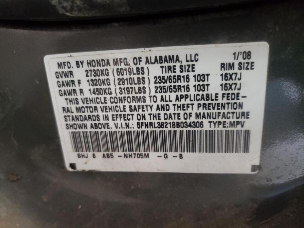 Photo 10 from auction – 2008 HONDA ODYSSEY LX with VIN 5FNRL38218B034306
