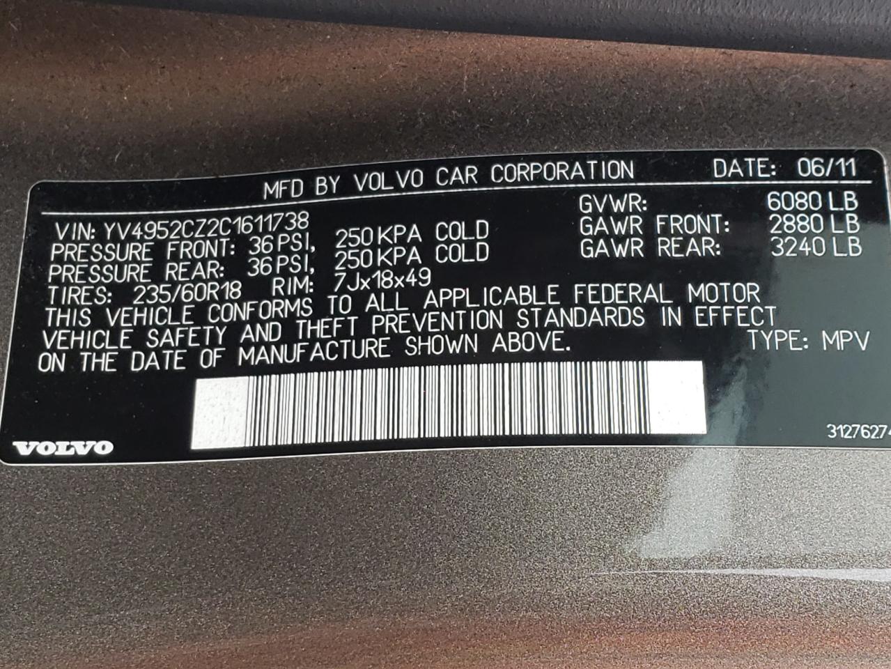 Photo 10 from auction – 2012 VOLVO XC90 3.2 with VIN YV4952CZ2C1611738