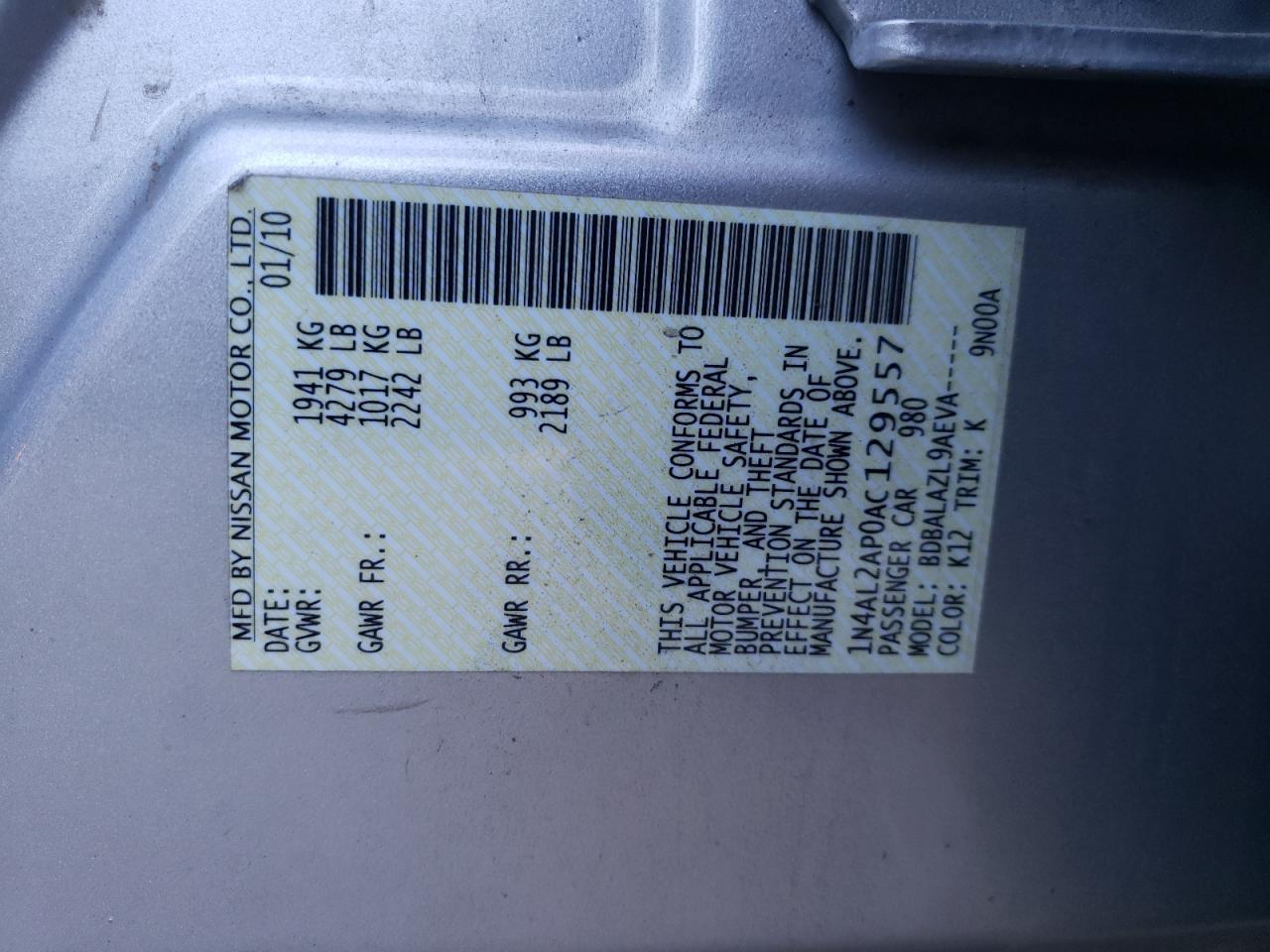 Photo 10 from auction – 2010 NISSAN ALTIMA BAS with VIN 1N4AL2AP0AC129557