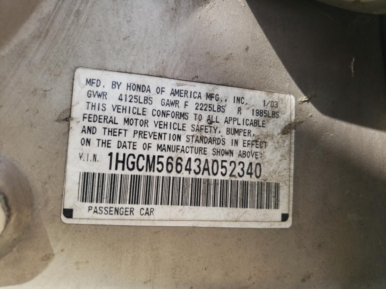 Photo 10 from auction – 2003 HONDA ACCORD EX with VIN 1HGCM56643A052340