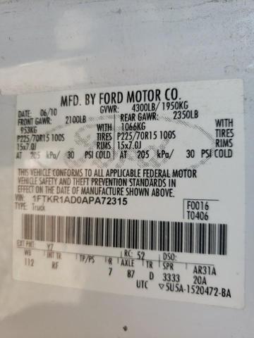 Photo 10 from auction – 2010 FORD RANGER with VIN 1FTKR1AD0APA72315