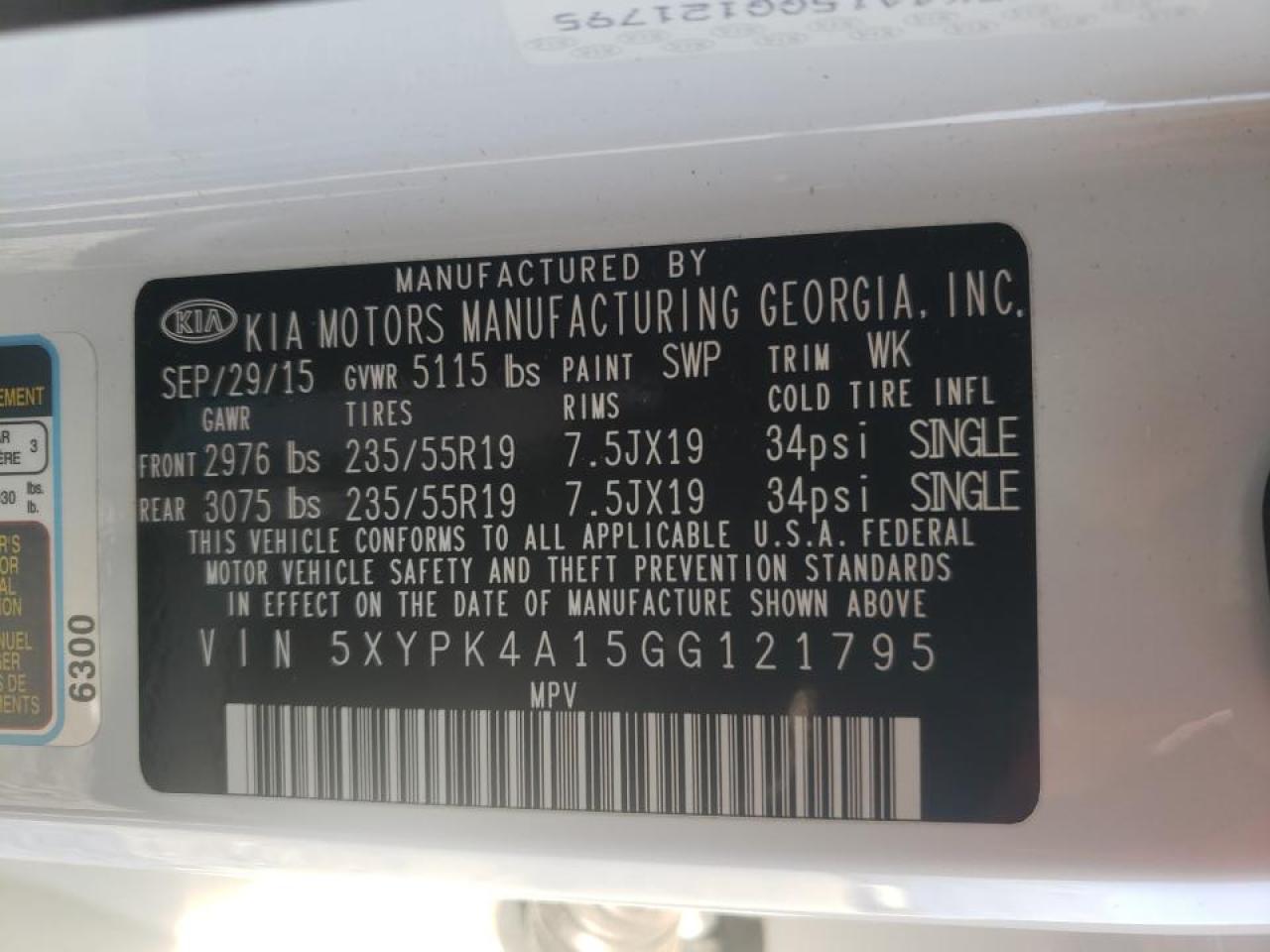 Photo 10 from auction – 2016 KIA SORENTO SX with VIN 5XYPK4A15GG121795