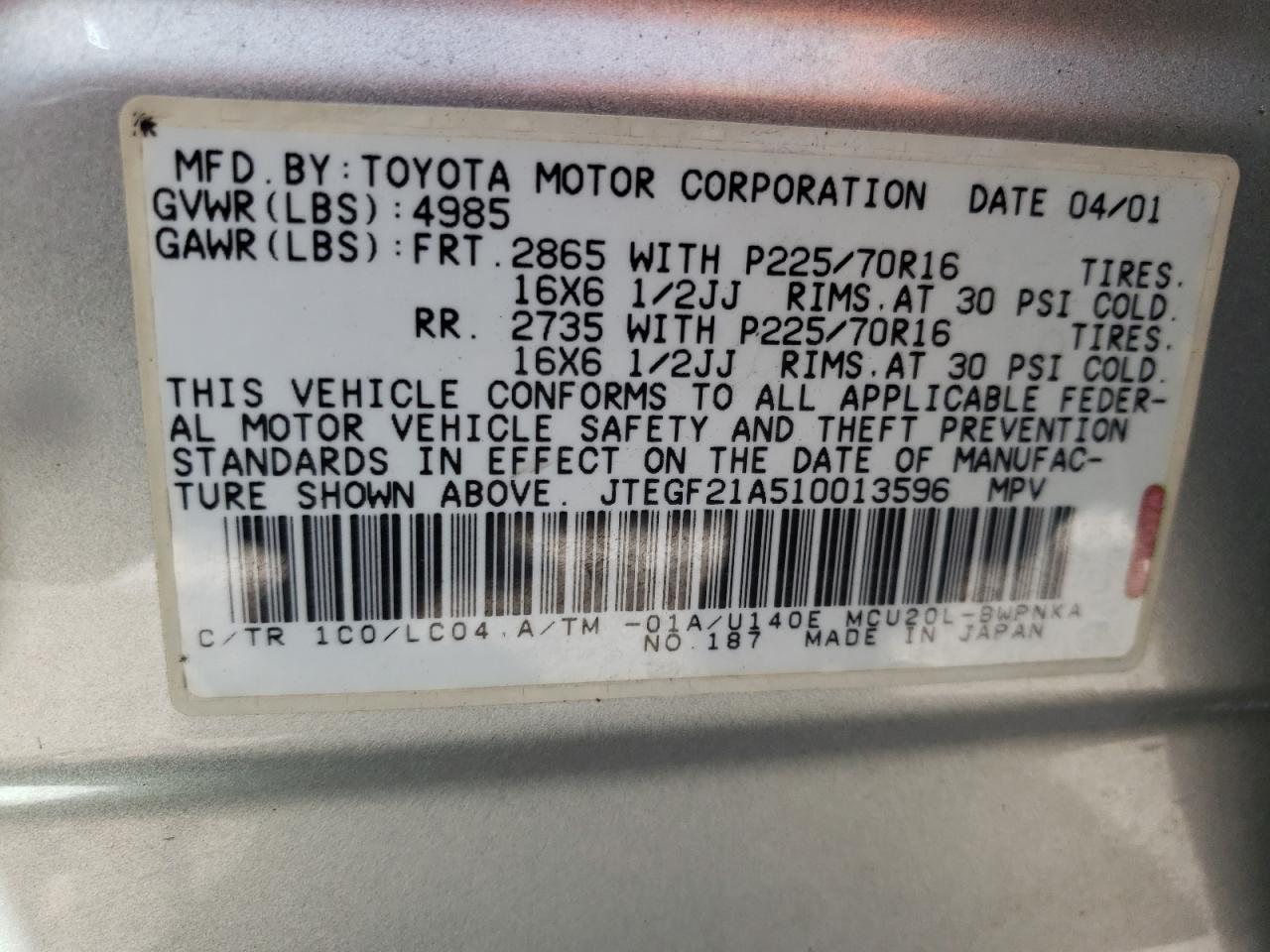 Photo 11 from auction – 2001 TOYOTA HIGHLANDER with VIN JTEGF21A510013596